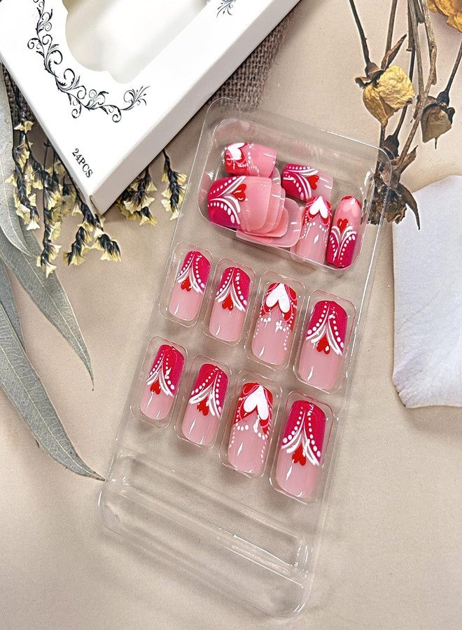 TBRZTR Valentine's Medium Square & Coffin Nails, 24Pcs Pink French Tip Heart Press On False Nails, Glossy Acrylic Material, Full Cover, DIY Stick On Nails - Image 3